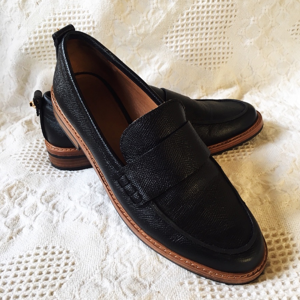 Coach black leather loafers, stacked wooden heel